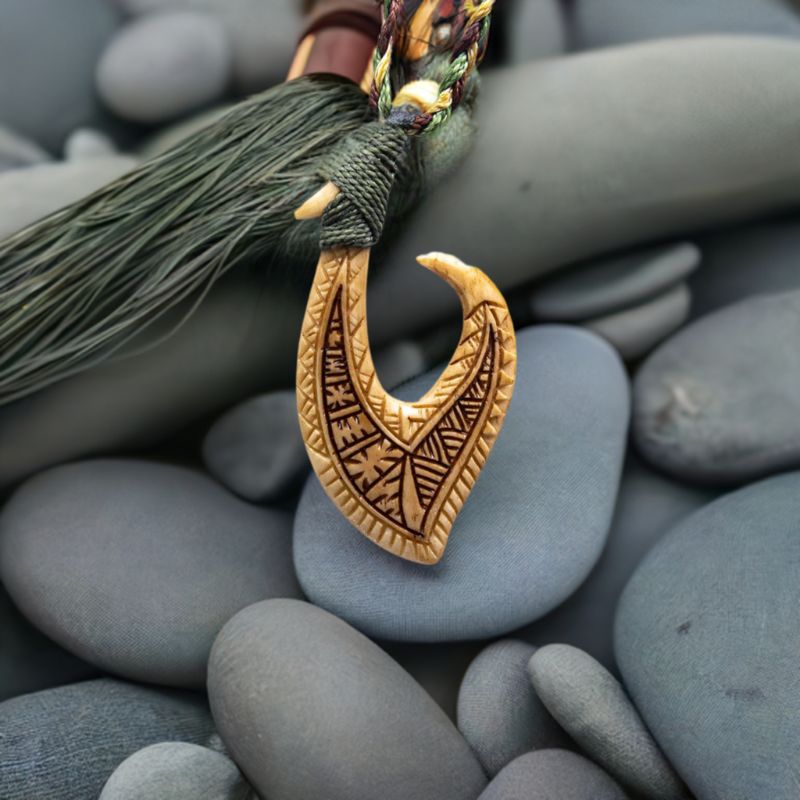 Hawaiian Inspired Aged Bone Scrimshaw Fish Hook Necklace - Earthbound Pacific Camo
