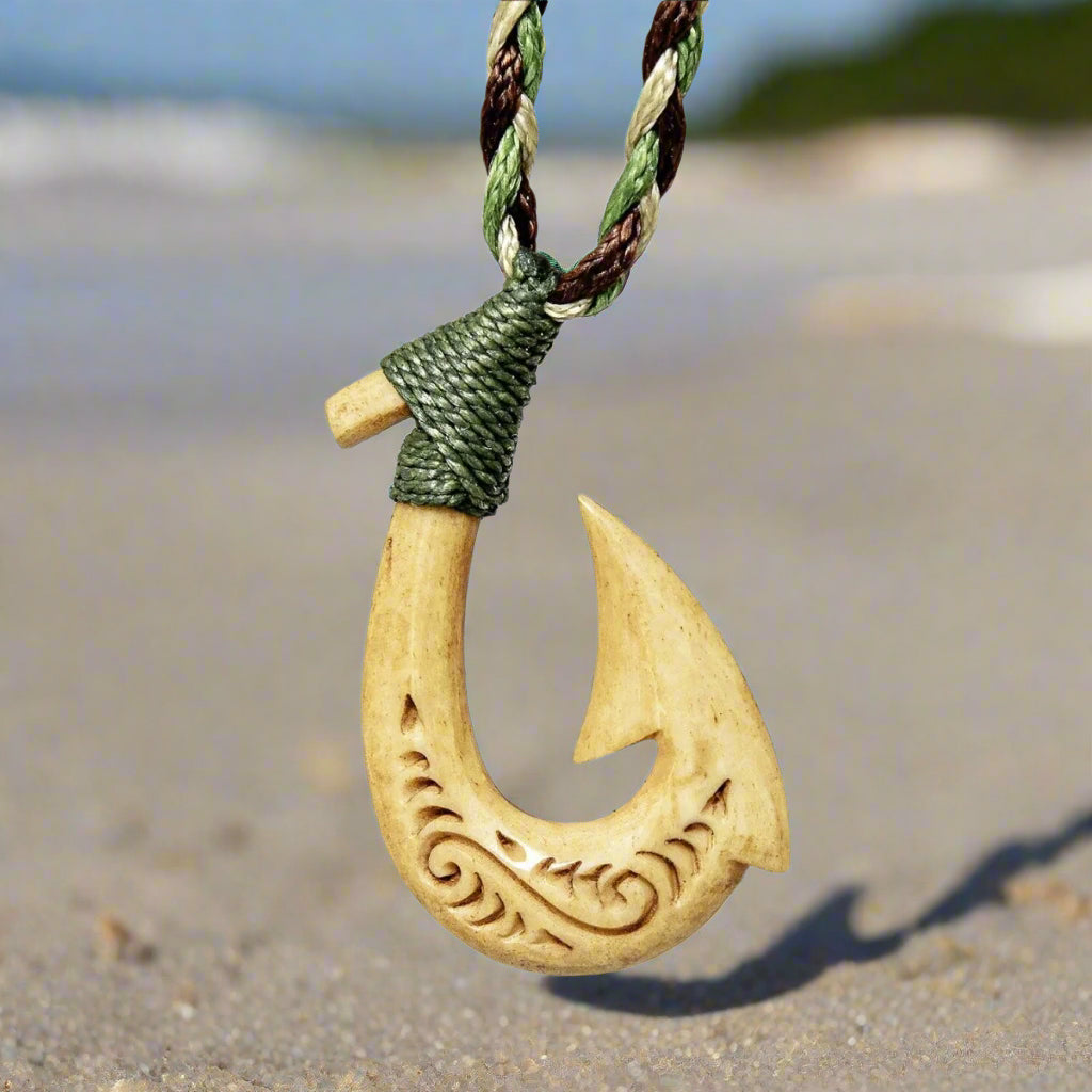 Aged Bone Hawaiian Fishhook Necklace with Scrimshaw & Adjustable Paracord - Ethically Sourced Maori Hawaiian Style ABF45PA Earthbound Pacific