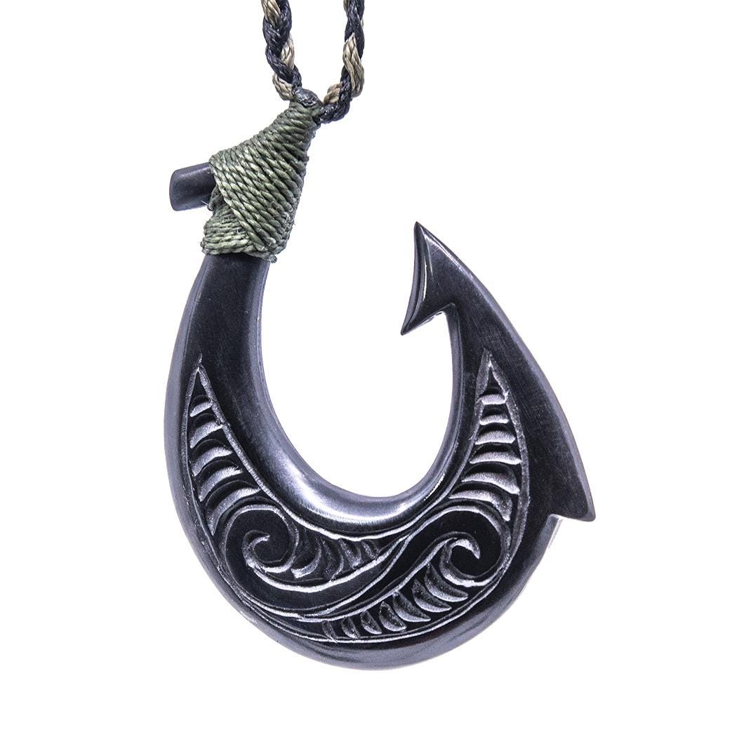 double sided fishing hook Hawaiian Makau Fish Hook Necklace Carved Black Horn Stylized with Two Sided Scrimshaw Earthbound Pacific Solid Tan/Beige Cord