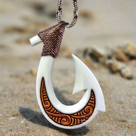 camo polynesian fish hook Aged Bone Hawaiian Fishhook Necklace with Scrimshaw & Adjustable Braided Nylon Cord designed in Hawaii Hawaiian Fish Hook Necklace with
