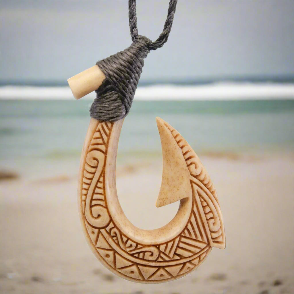 Hand Carved Bone Fish Hook with Hawaiian Inspired Scrimshaw
