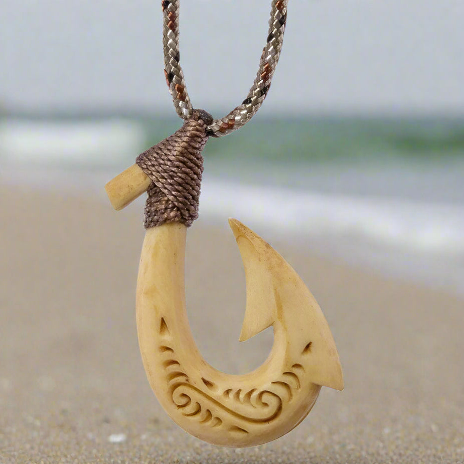 Hawaiian Fish hook Hei Matau Necklace | Hand-Carved Bone with Scrimshaw Detailing | Adjustable Cord