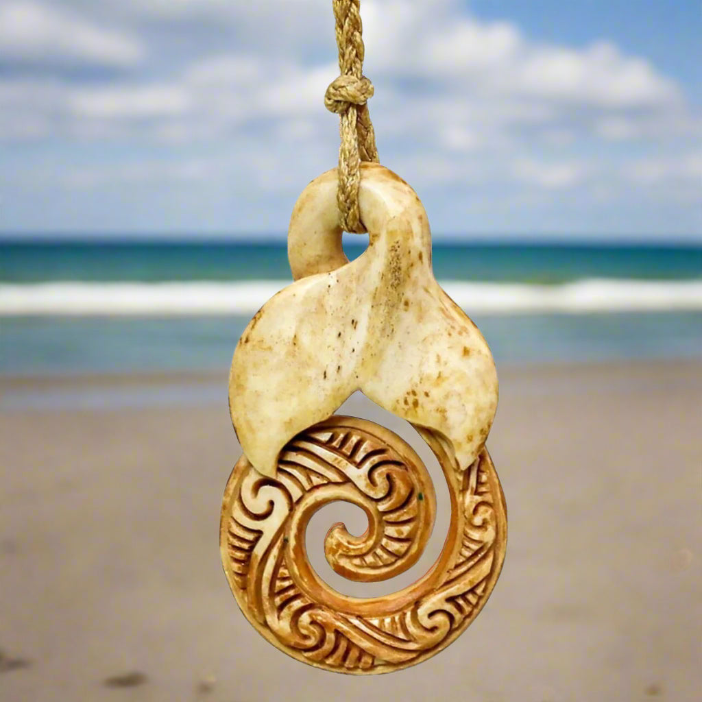 Hand Carved Bone Infinity Spiral with Stylized Whale Tail Necklace PNK545AT Earthbound Pacific