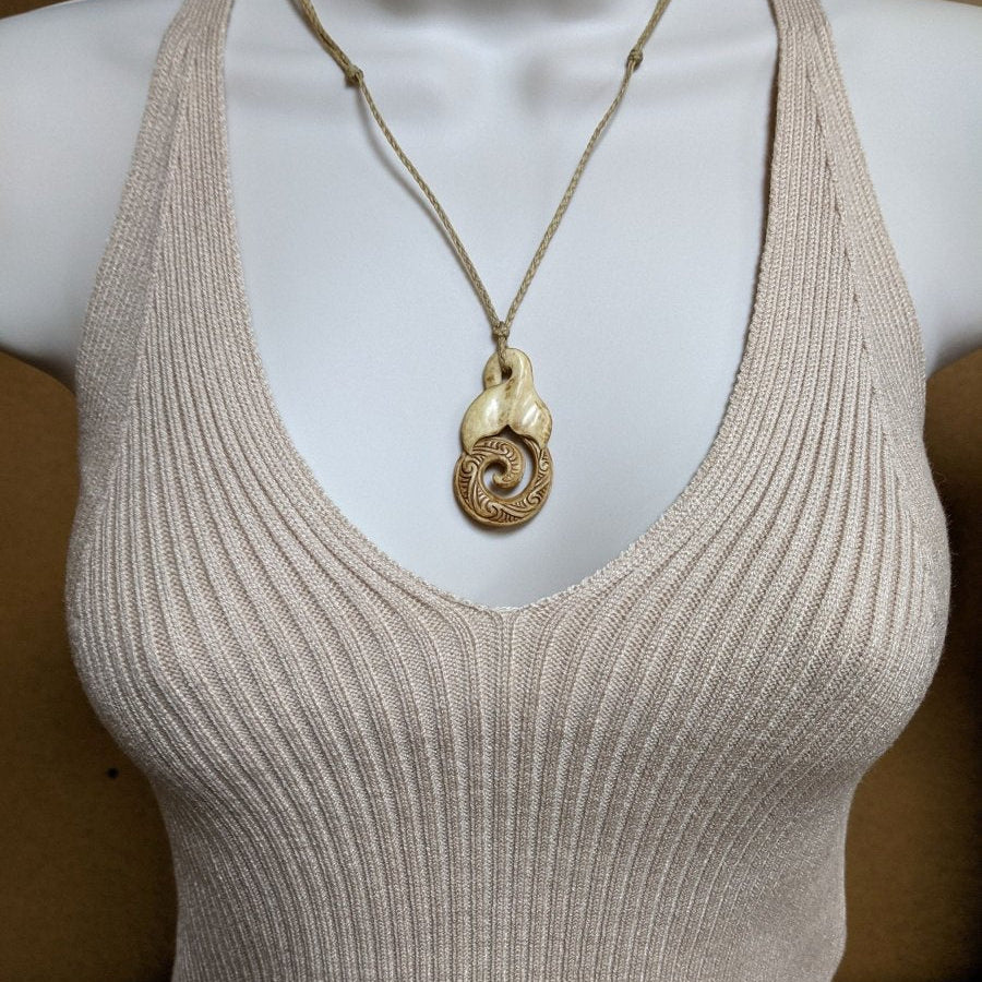 Hand Carved Bone Infinity Spiral with Stylized Whale Tail Necklace PNK545AT Earthbound Pacific