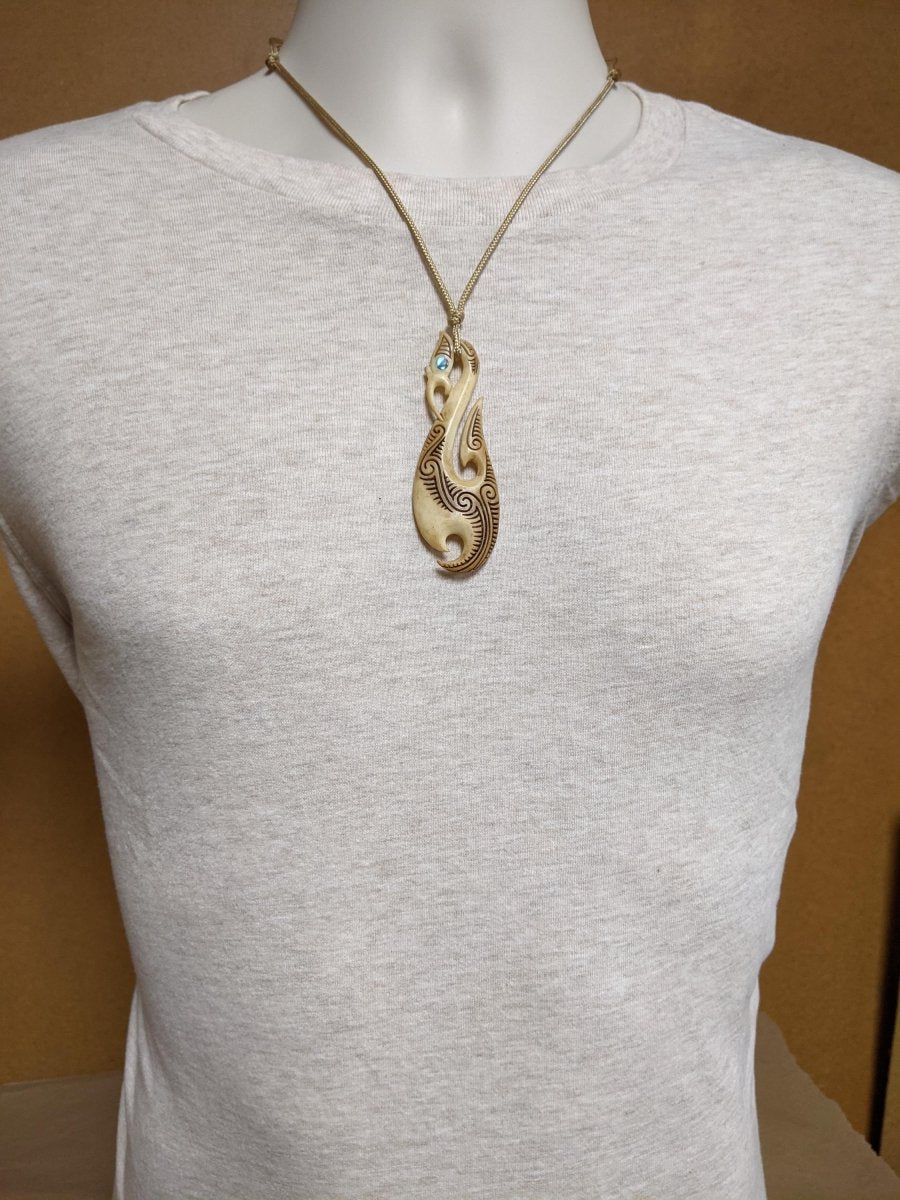 Hand Carved Bone Maori Inspired Manaia Fish hook Necklace BMY80AT Earthbound Pacific