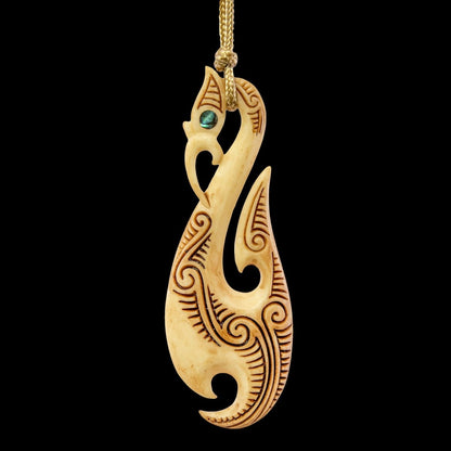 Hand Carved Bone Maori Inspired Manaia Fish hook Necklace BMY80AT Earthbound Pacific