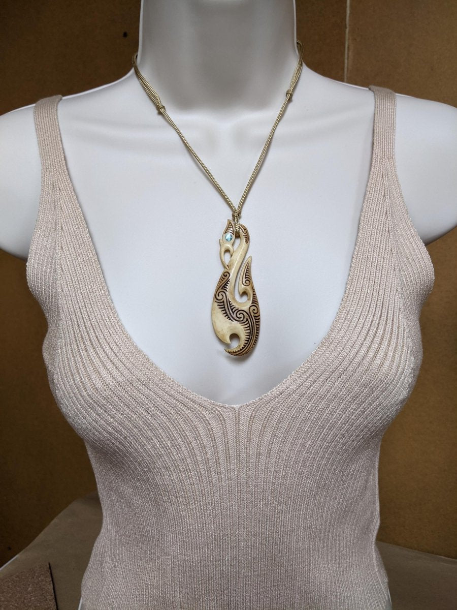 Hand Carved Bone Maori Inspired Manaia Fish hook Necklace BMY80AT Earthbound Pacific