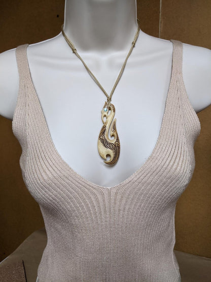 Hand Carved Bone Maori Inspired Manaia Fish hook Necklace BMY80AT Earthbound Pacific
