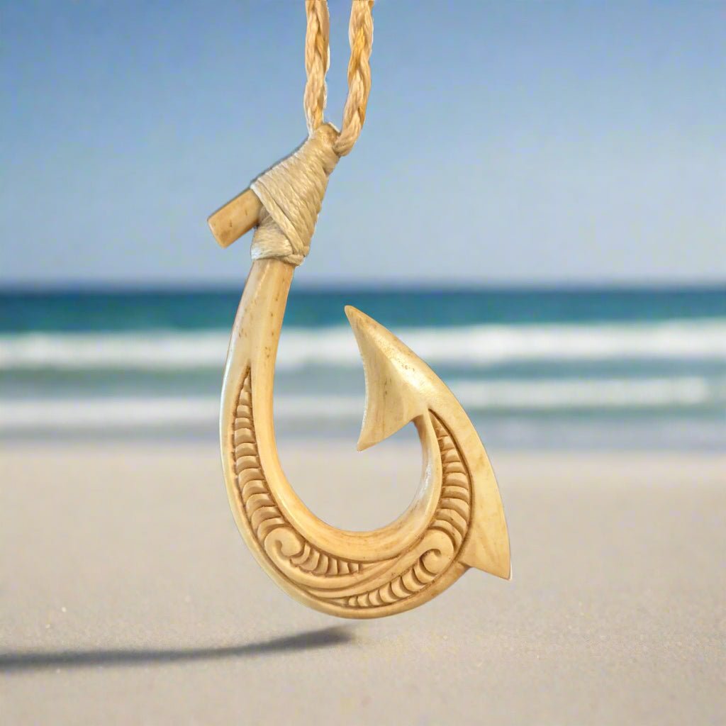 Fishhook Hand Carved Hawaiian Style Fishhook Necklace with Scrimshaw Detail on ...