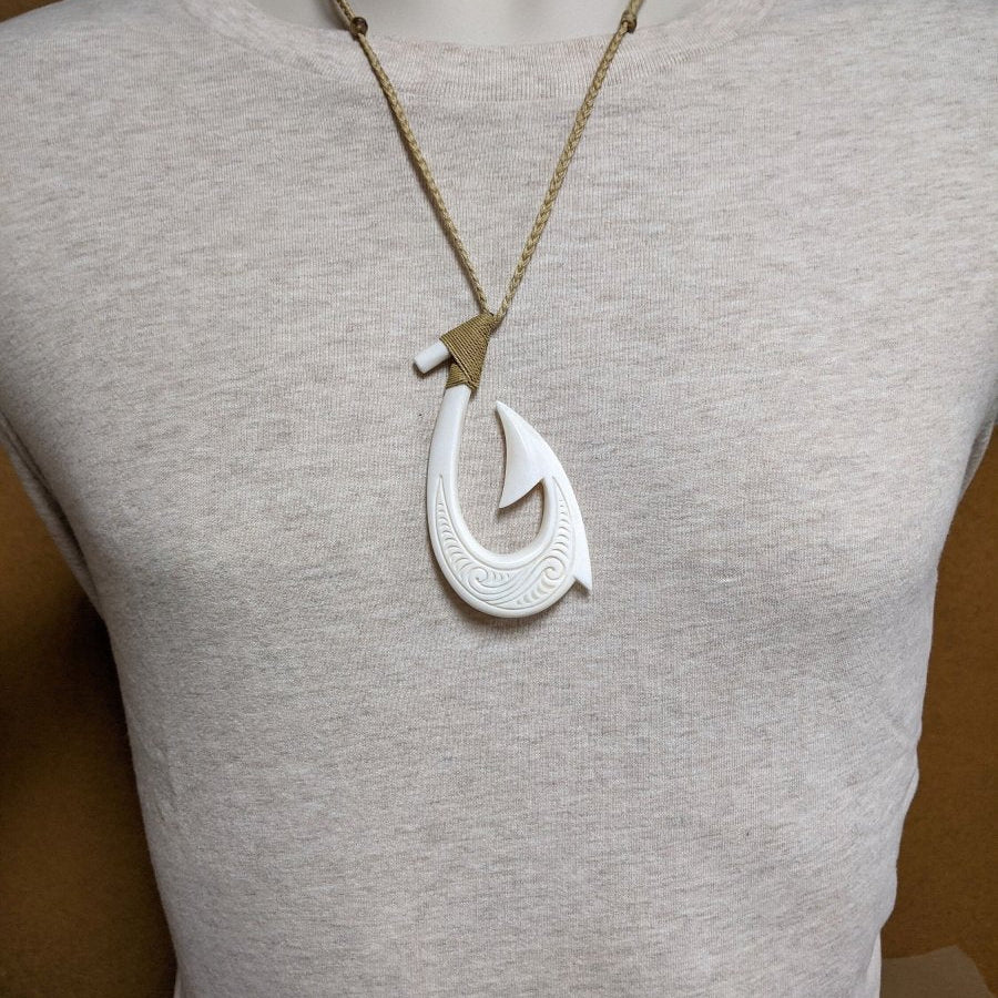 Hawaiian Fish Hook Necklace Hand Carved Bone Mega Sized XXLFH9044 Earthbound Pacific