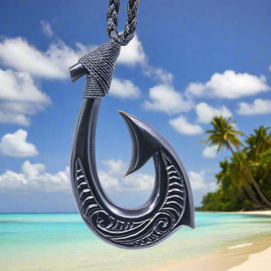 Hand Carved Natural Large Black Horn Hawaiian Fish Hook Necklace with Scrimshaw and Custom Binding Options BHFH6034B Earthbound Pacific