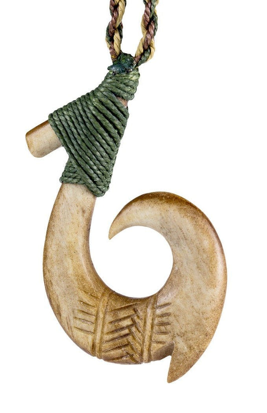 Hand Carved Pacific Island Hawaiian Inspired Aged Bone Fish Hook with Scrimshaw (both sides). FH0043bc Earthbound Pacific