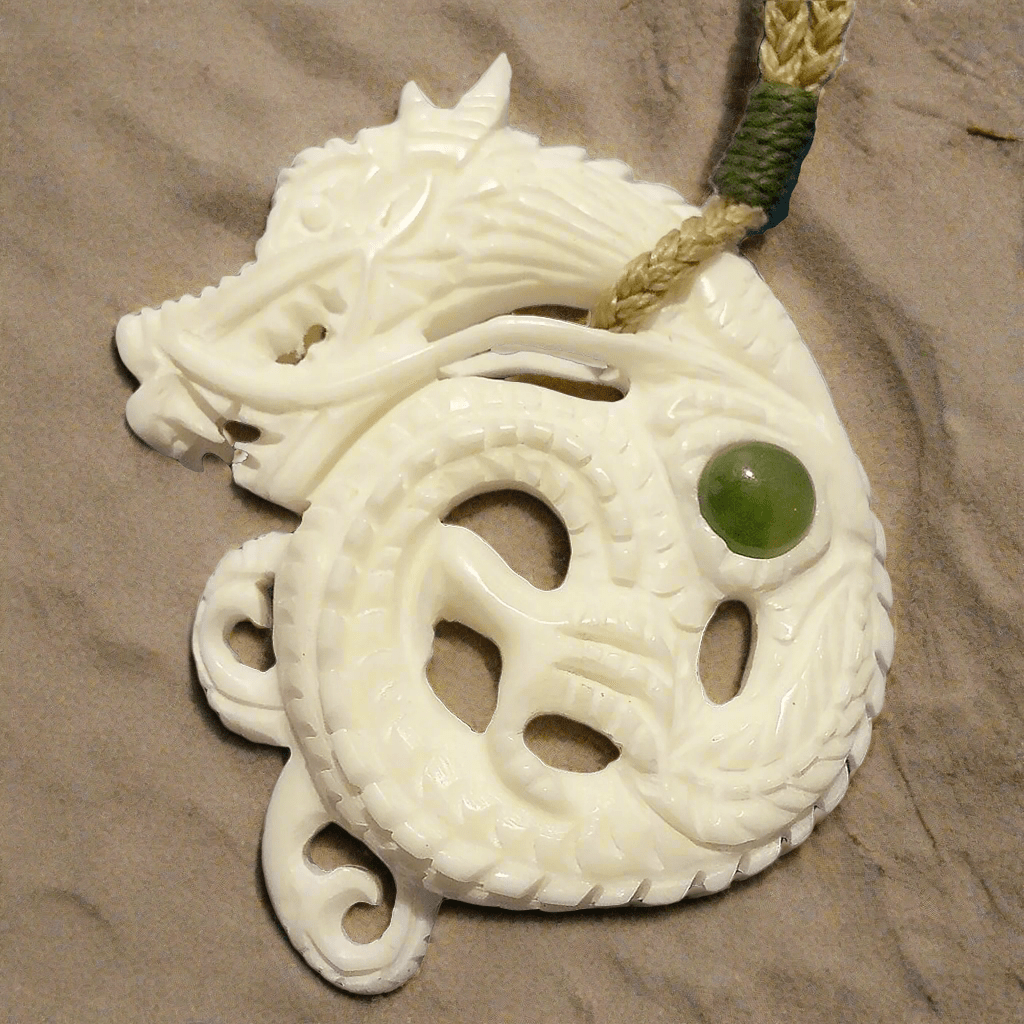 Hand Carved Solid Bone Two Sided Dragon Necklace with Stone Inlay BD259J Earthbound Pacific