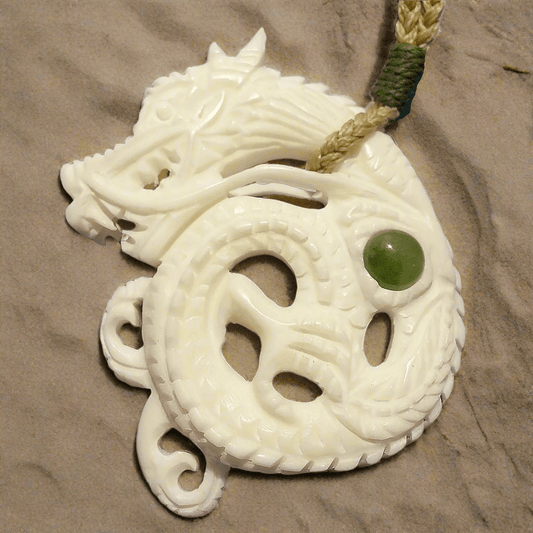 Hand Carved Solid Bone Two Sided Dragon Necklace with Stone Inlay BD259J Earthbound Pacific