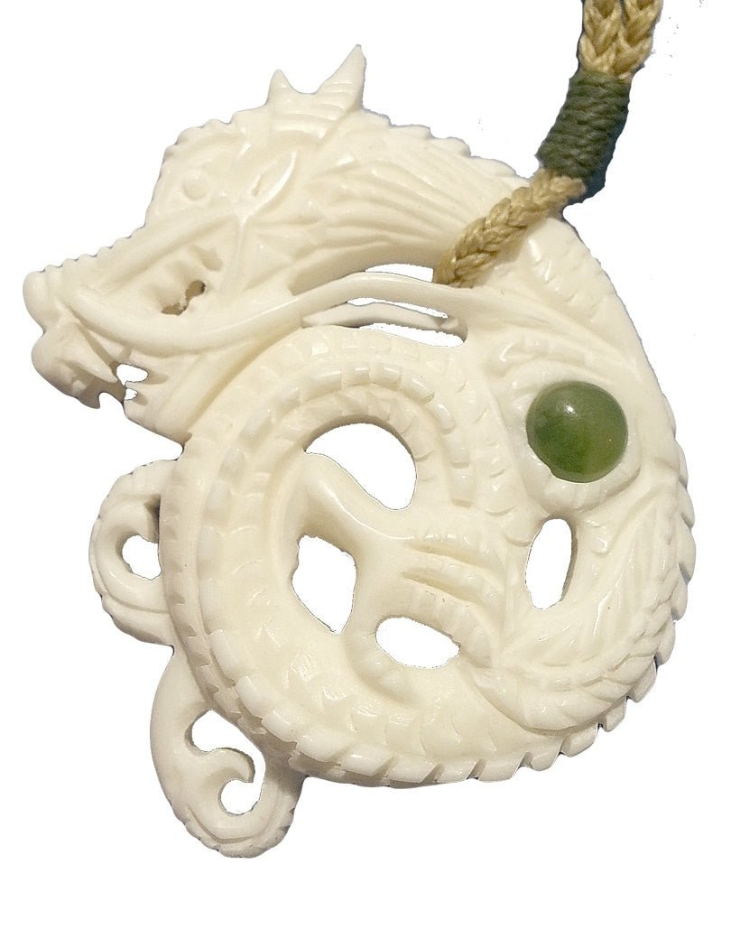 Hand Carved Solid Bone Two Sided Dragon Necklace with Stone Inlay BD259J Earthbound Pacific