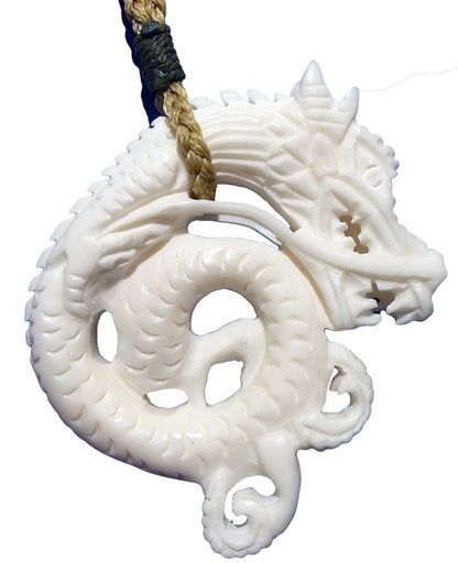 Hand Carved Solid Bone Two Sided Dragon Necklace with Stone Inlay BD259J Earthbound Pacific