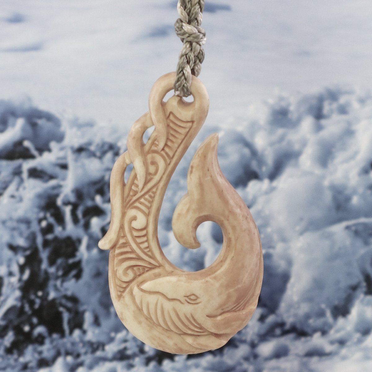 Hawaiian Aged Bone Blue Whale Inspired Fish Hook Necklace - Earthbound Pacific