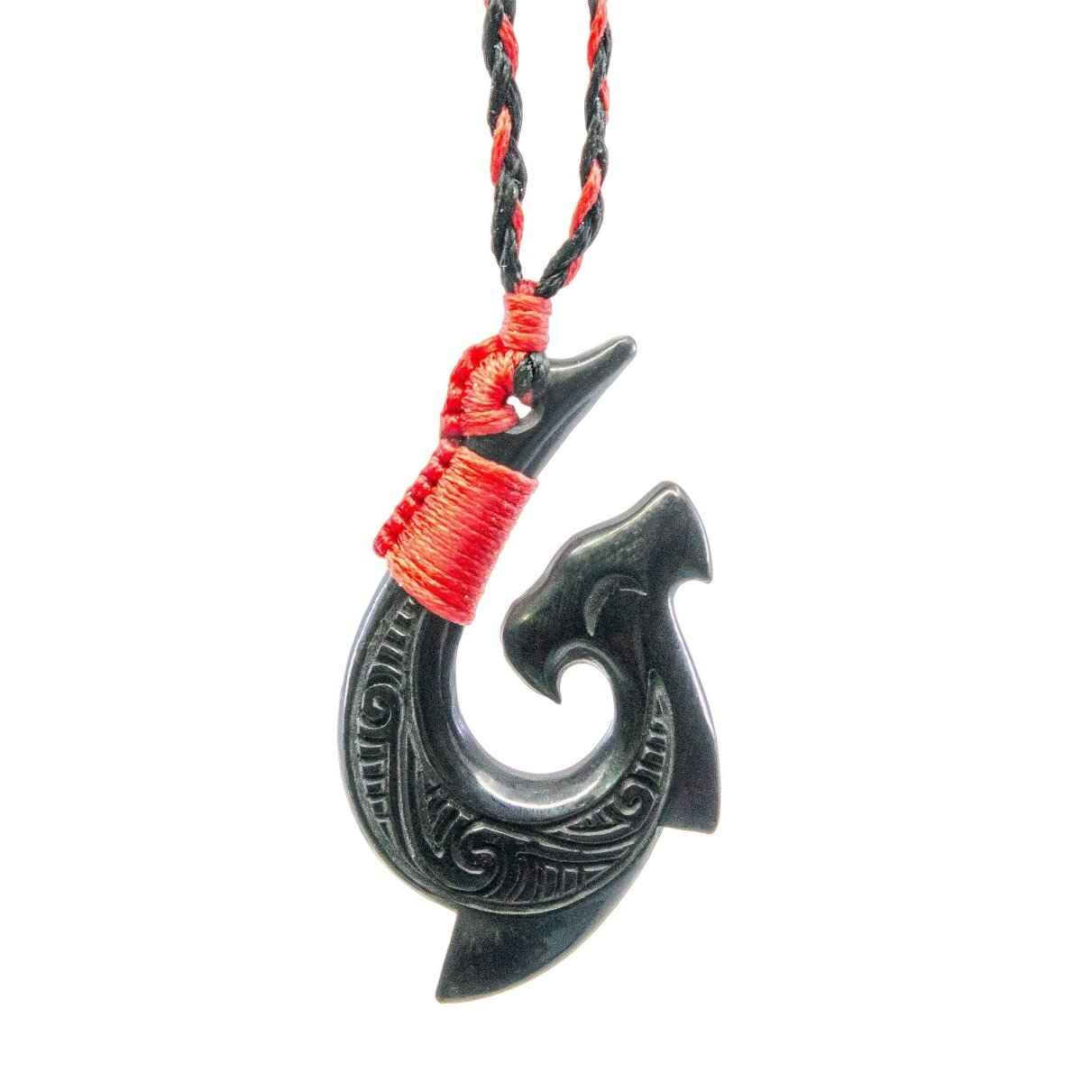 Hand-Carved Black Horn Hammerhead Shark Hawaiian  Hook Necklace with Scrimshaw.
