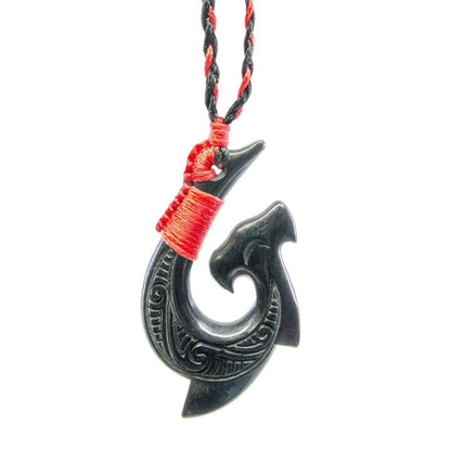 Hand-Carved Black Horn Hammerhead Shark Hawaiian  Hook Necklace with Scrimshaw.