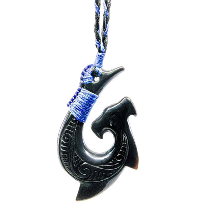 Hand-Carved Black Horn Hammerhead Shark Hawaiian  Hook Necklace with Scrimshaw.