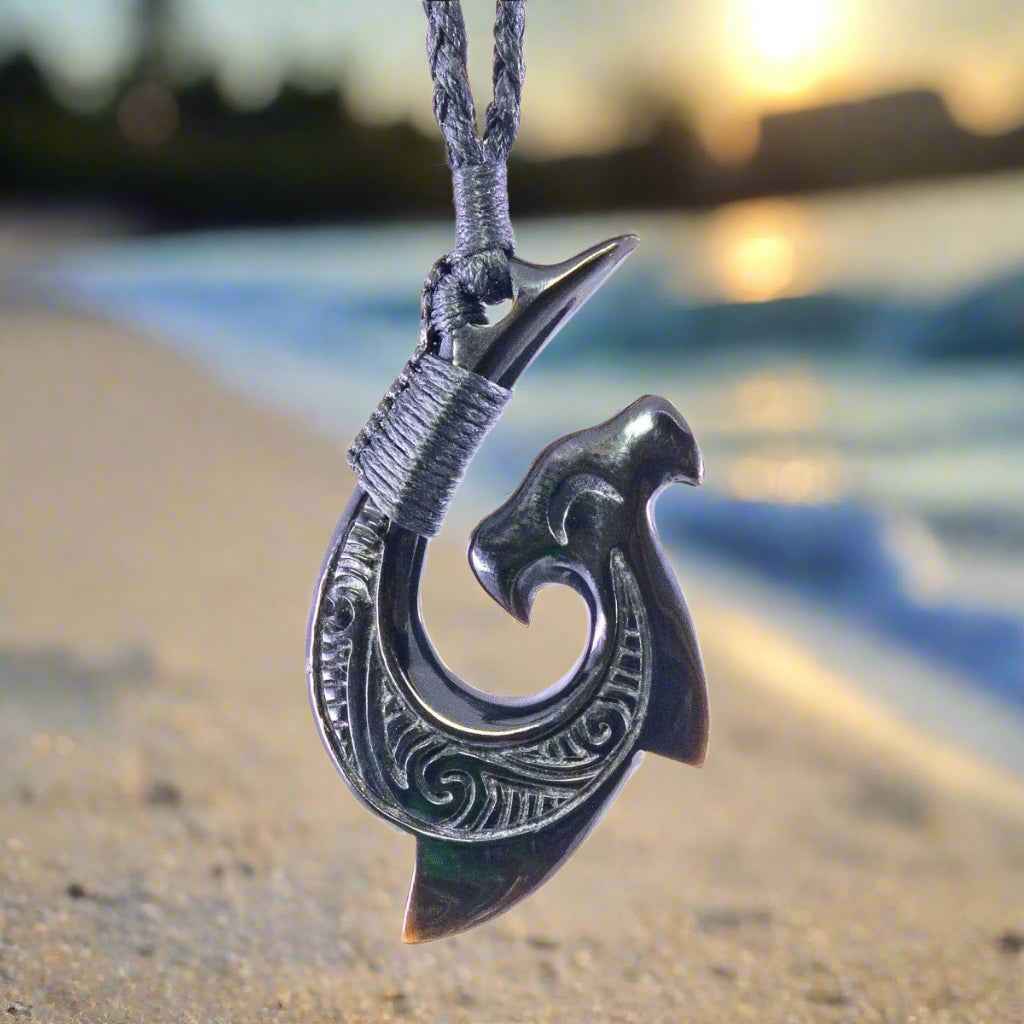 Hand-Carved Black Horn Hammerhead Shark Hawaiian  Hook Necklace with Scrimshaw.