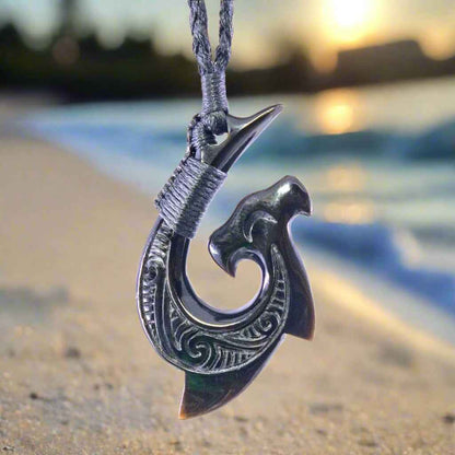 Hand-Carved Black Horn Hammerhead Shark Hawaiian  Hook Necklace with Scrimshaw.