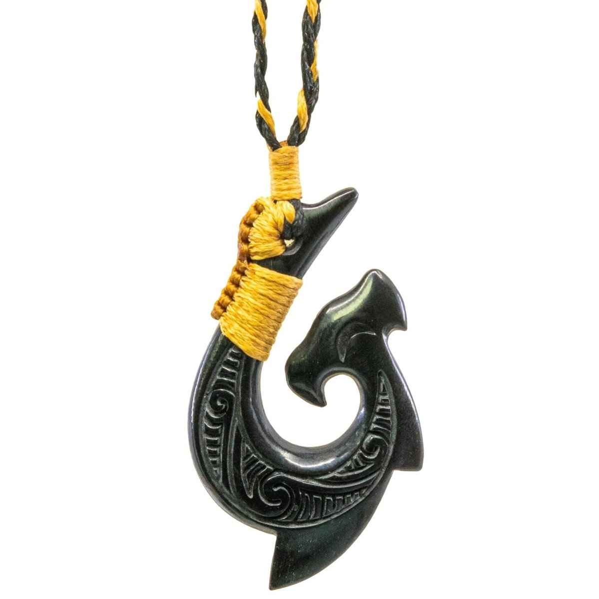 Hand-Carved Black Horn Hammerhead Shark Hawaiian  Hook Necklace with Scrimshaw.