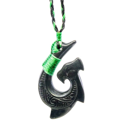 Hand-Carved Black Horn Hammerhead Shark Hawaiian  Hook Necklace with Scrimshaw.