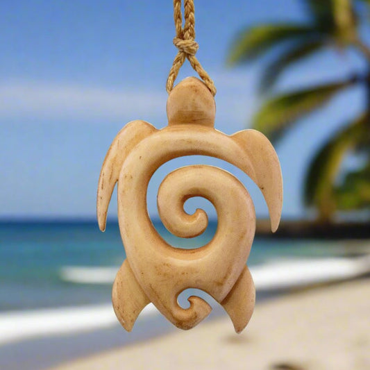 Hawaiian Bone Stylized Sea Turtle with Koru Spiral Necklace BTK42W Earthbound Pacific