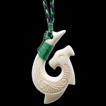 Hawaiian Fish Hook Necklace | Hammerhead Shark Inspired Design in Hand Carved Bone WBHHS001 Earthbound Pacific