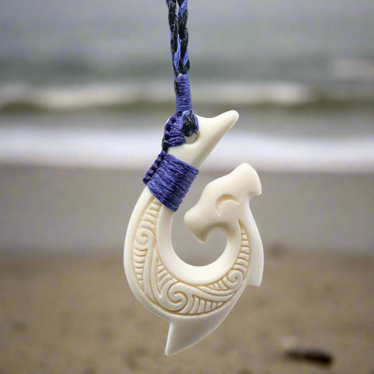 Hawaiian Fish Hook Necklace | Hammerhead Shark Inspired Design in Hand Carved Bone WBHHS001 Earthbound Pacific