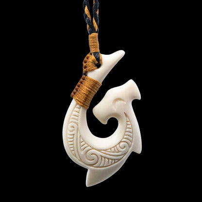 Hawaiian Fish Hook Necklace | Hammerhead Shark Inspired Design in Hand Carved Bone WBHHS001 Earthbound Pacific