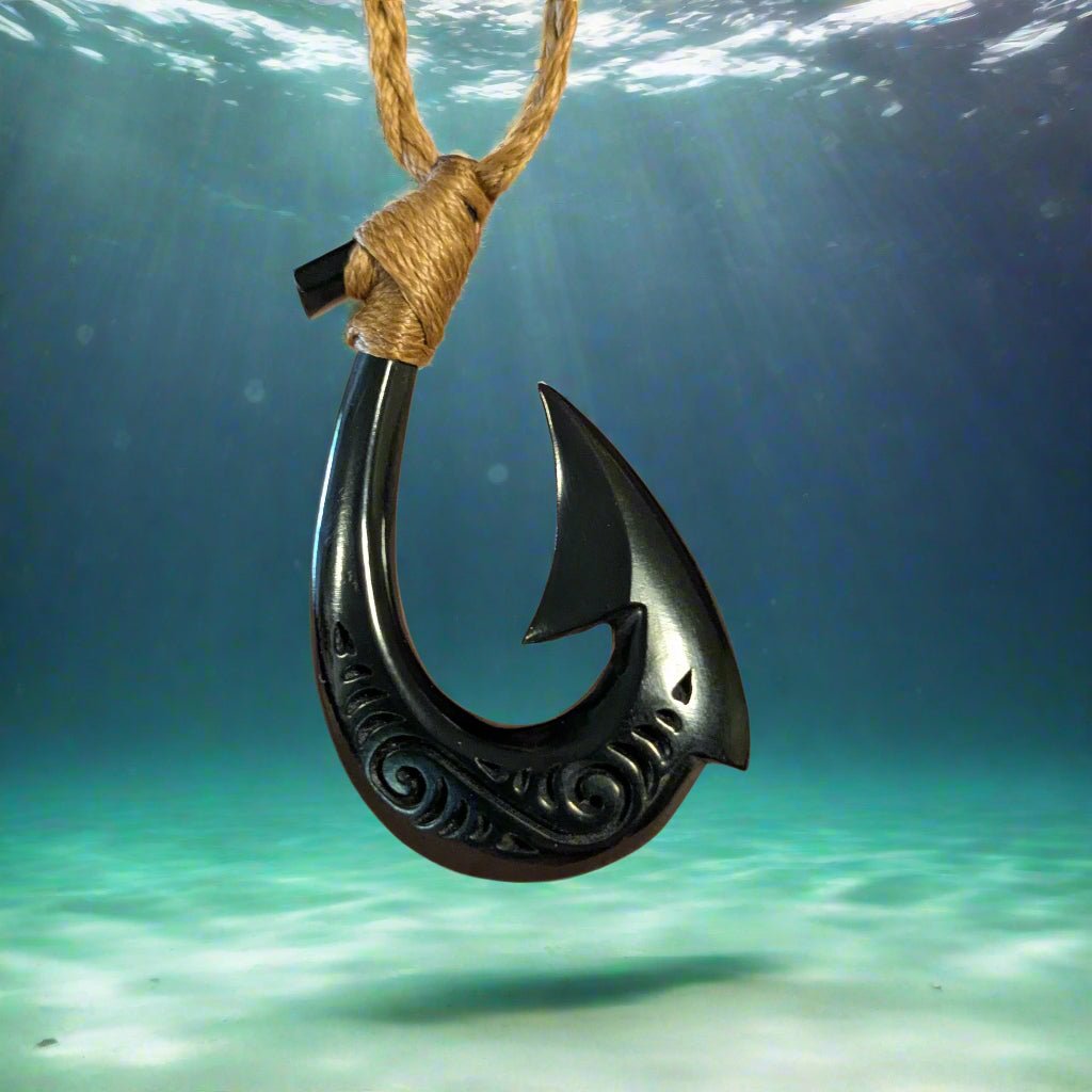 Hawaiian Fish Hook Necklace, Scrimshaw Black Horn Pendant HFH45ey - 1 Earthbound Pacific