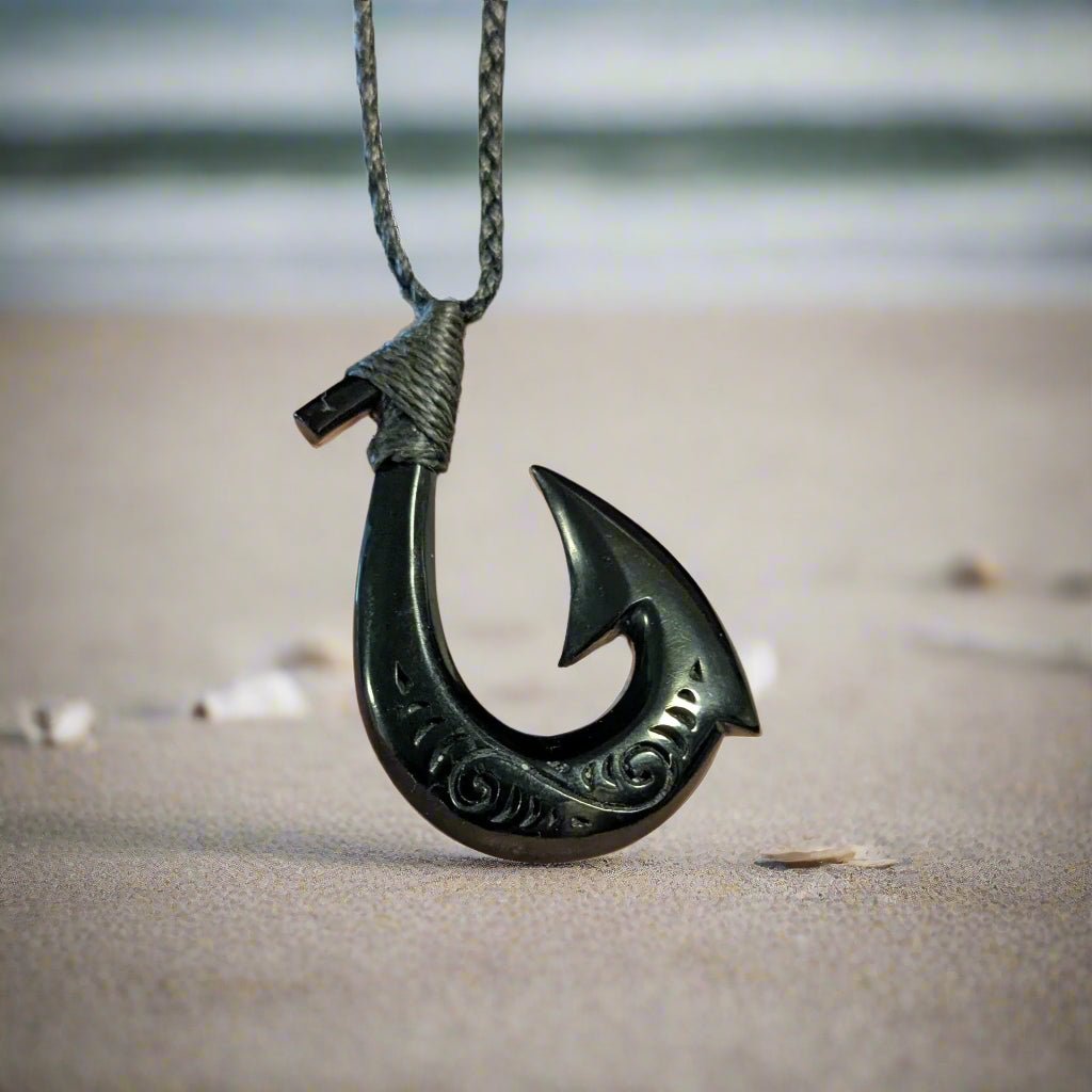 Hawaiian Fish Hook Necklace, Scrimshaw Black Horn Pendant HFH45ey - 1 Earthbound Pacific