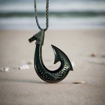 Hawaiian Fish Hook Necklace, Scrimshaw Black Horn Pendant HFH45ey - 1 Earthbound Pacific
