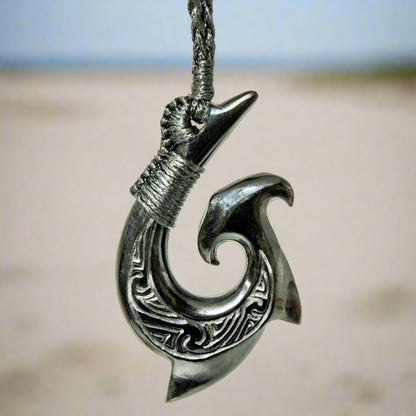 Black Horn Stylized Hammerhead Shark Hawaiian Fish Hook Necklace AHBHFH50b Earthbound Pacific