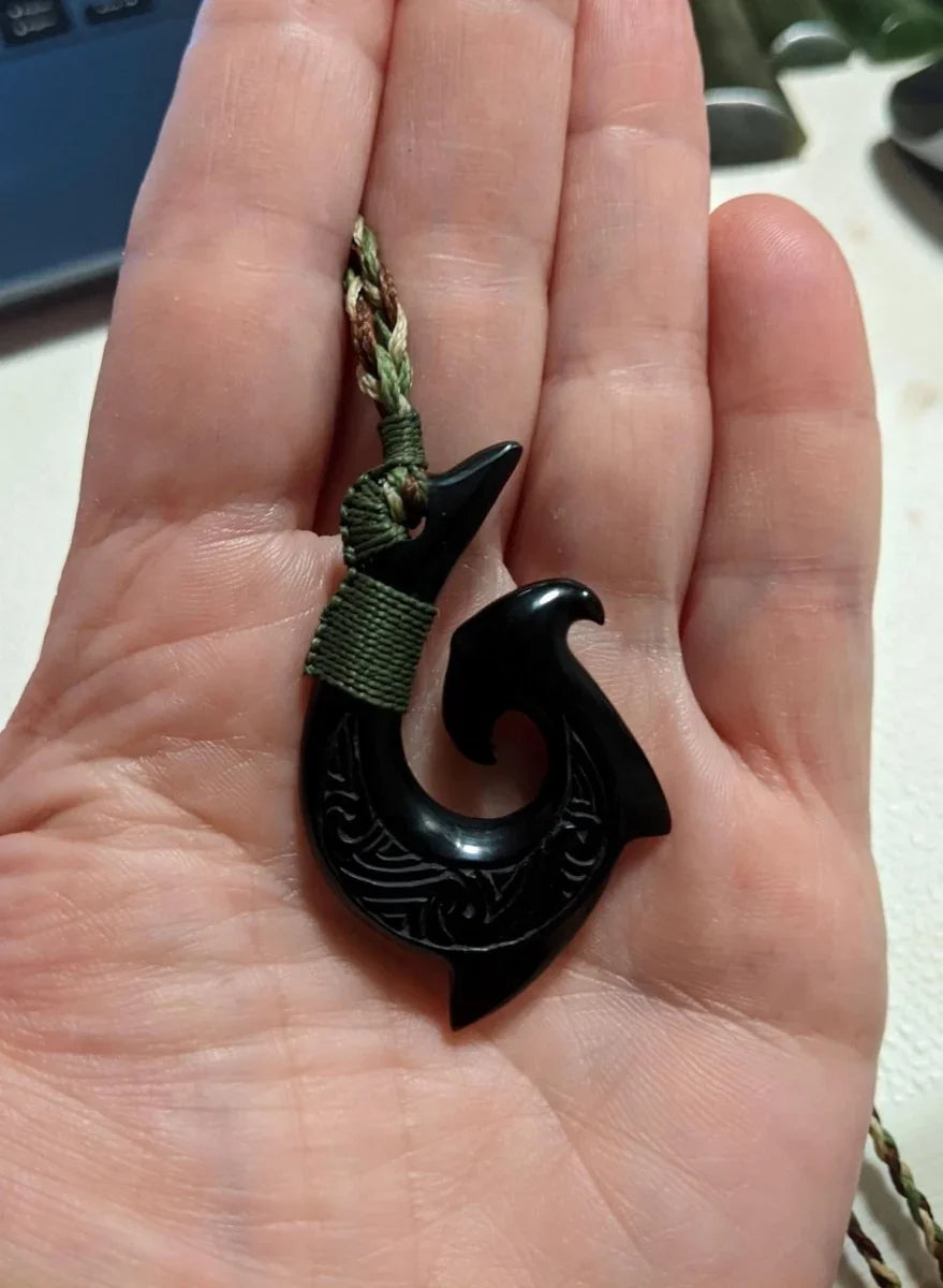 Black Horn Stylized Hammerhead Shark Hawaiian Fish Hook Necklace AHBHFH50b Earthbound Pacific