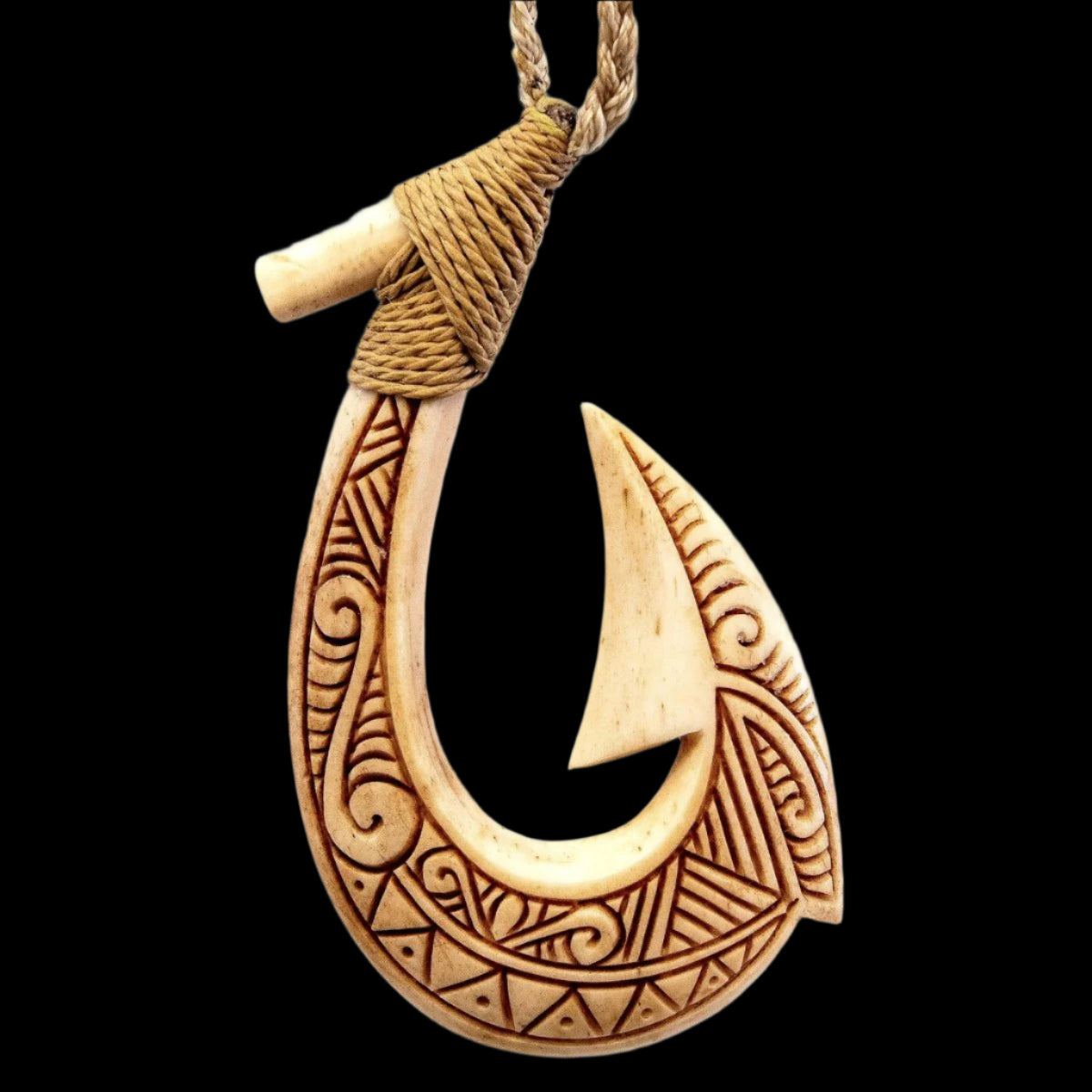 bone fishing hook Hawaiian Scrimshaw Bone Fish Hook Pendant Hand Carved Master Carver Scrimshaw Collection Earthbound Pacific Natural / White Bone