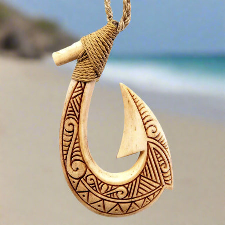 Hawaiian Scrimshaw Bone Fish Hook Pendant Hand Carved Master Carver Scrimshaw Collection Earthbound Pacific Natural / White Bone