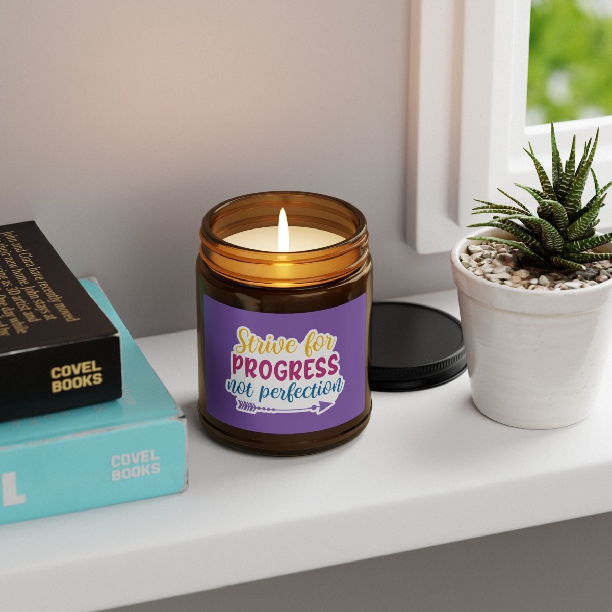 Inspiration Scented Soy Candle "Strive for progress not perfection " (Multi - Size, Amber Jar) - Earthbound Pacific