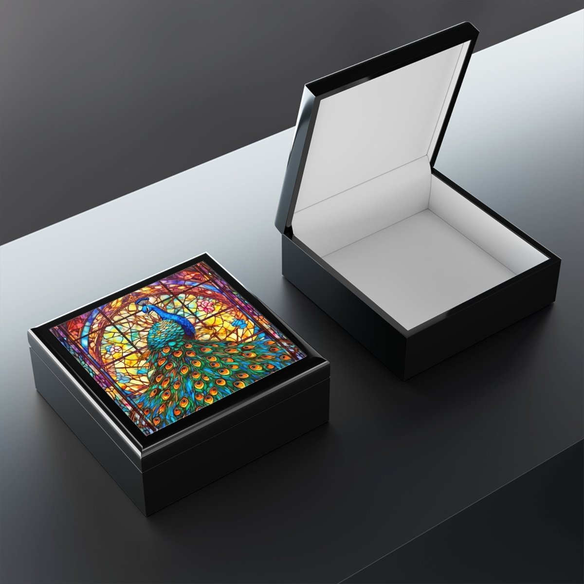 Jewelry Box, Colorful Stained Glass Inspired Peacock 32725698497363248332 Earthbound Pacific
