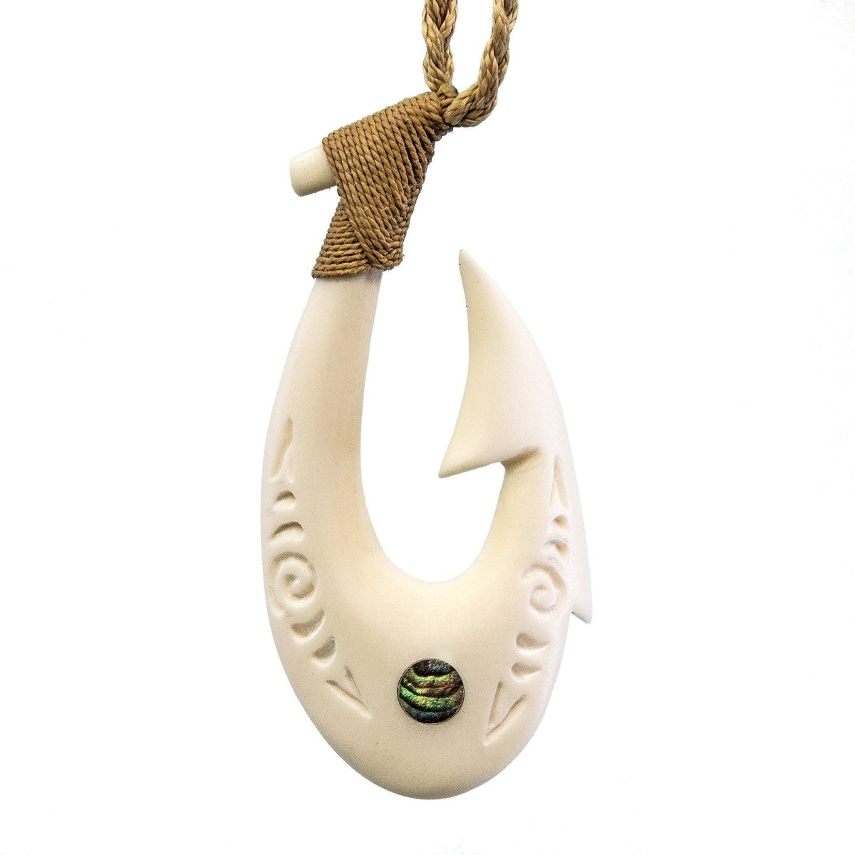 Maori Bone Fish Hook Hei Matau Necklace with Scrimshaw and Paua Shell ...