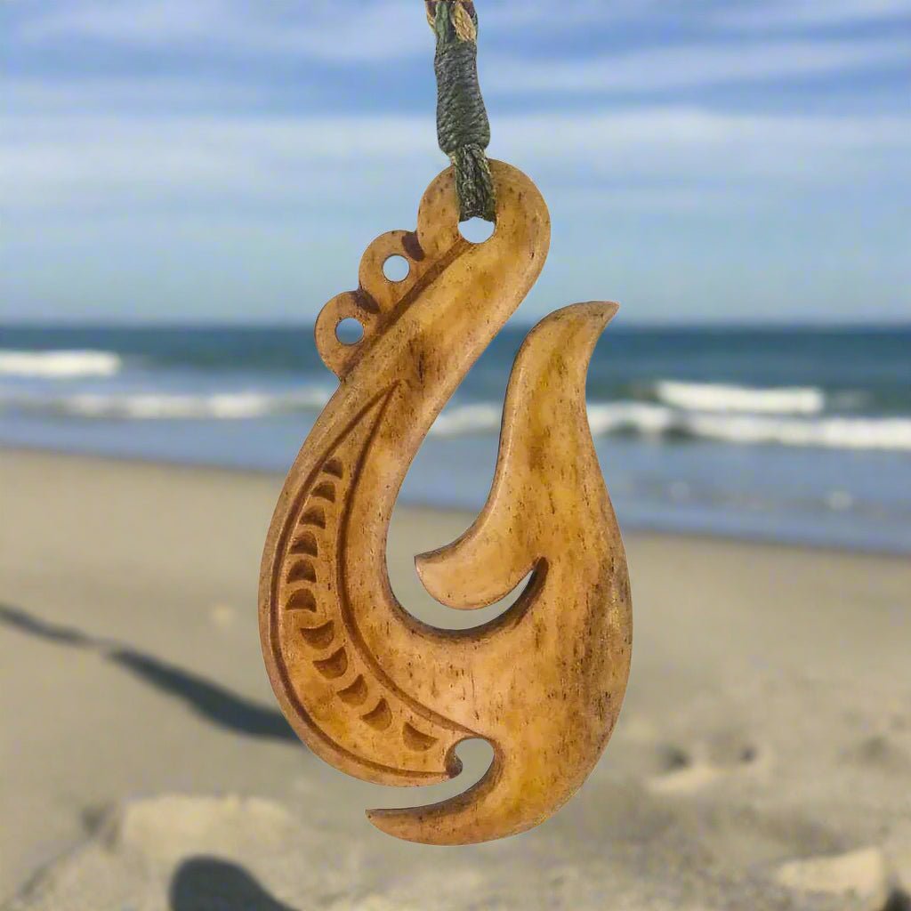Maori Hei Matau Fish Hook Necklace | Hand Carved Aged Bone ABFH63B Earthbound Pacific