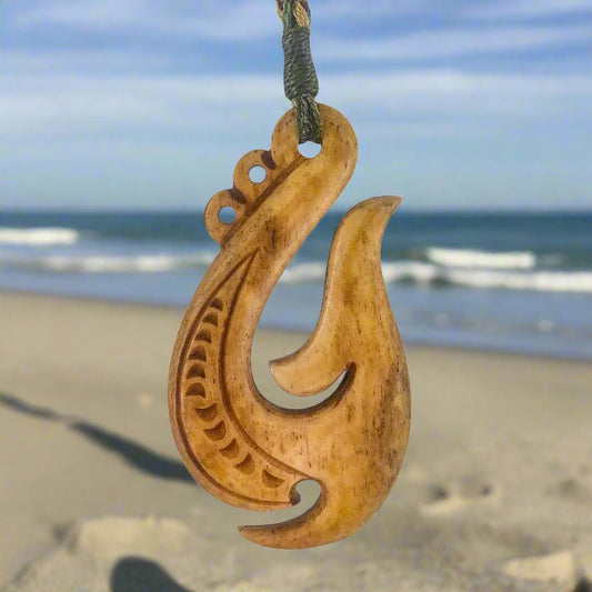 Maori Hei Matau Fish Hook Necklace | Hand Carved Aged Bone ABFH63B Earthbound Pacific
