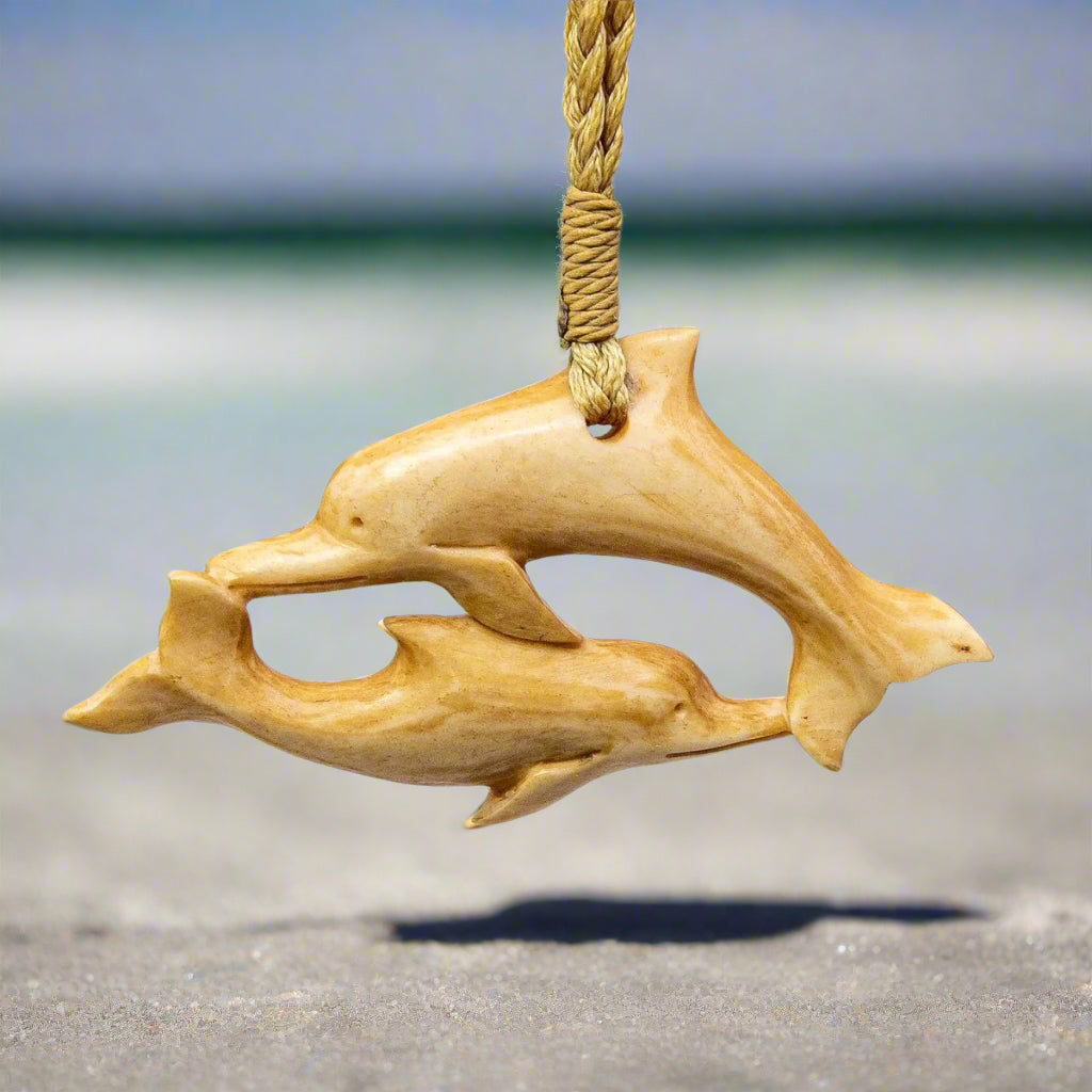 Maori Inspired Aged Bone Double Dolphin Necklace DBDOL55 Earthbound Pacific