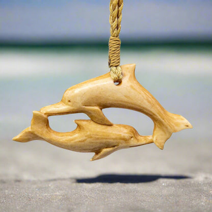 Maori Inspired Aged Bone Double Dolphin Necklace DBDOL55 Earthbound Pacific