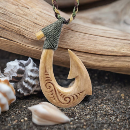 Maori Inspired Aged Bone Hei Matau Fish Hook Necklace - Earthbound Pacific