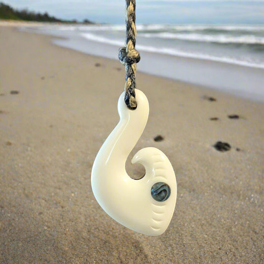 Maori Inspired Bone Fish hook Necklace with Paua Shell