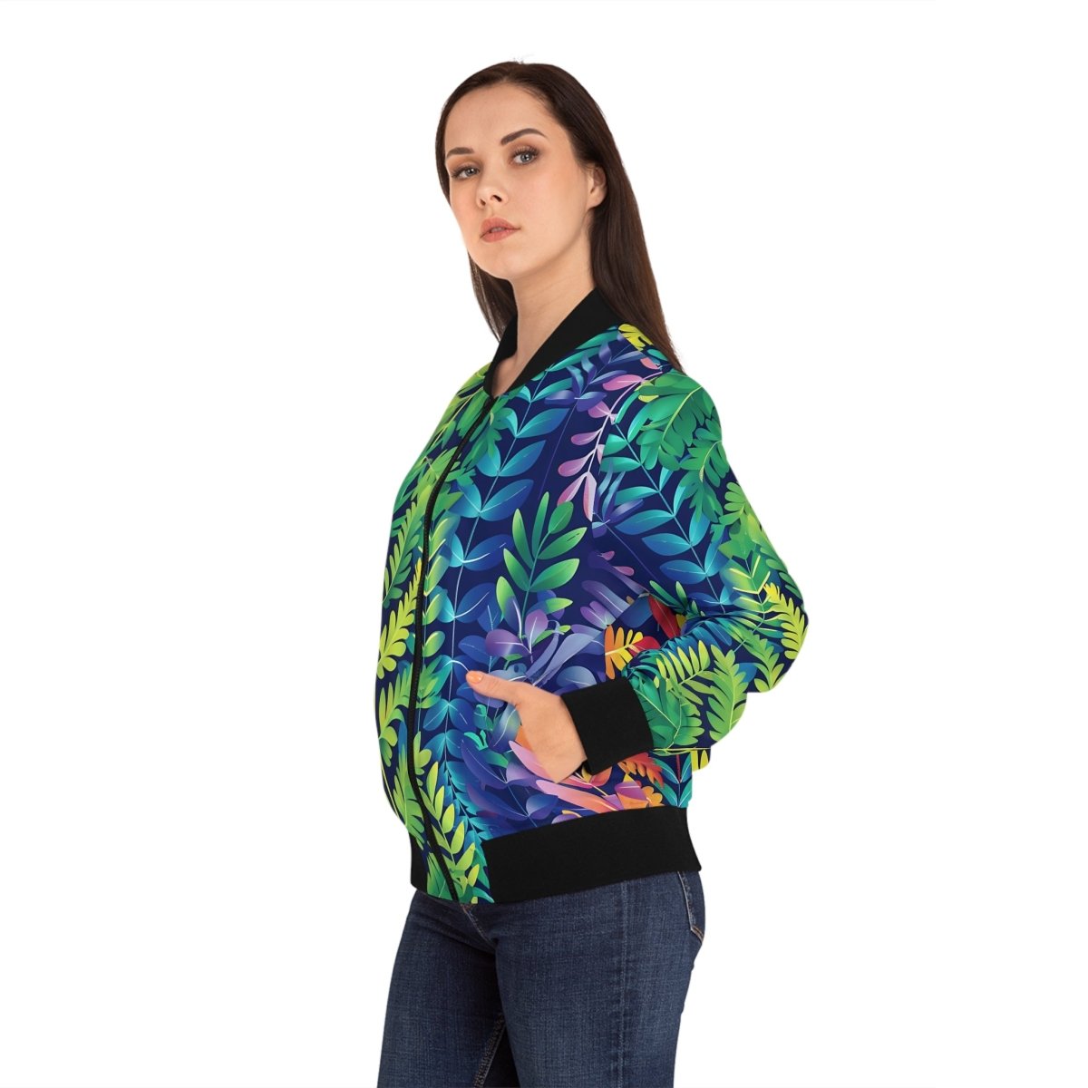 Multi Color Fern Design Women's Bomber Jacket - Earthbound Pacific