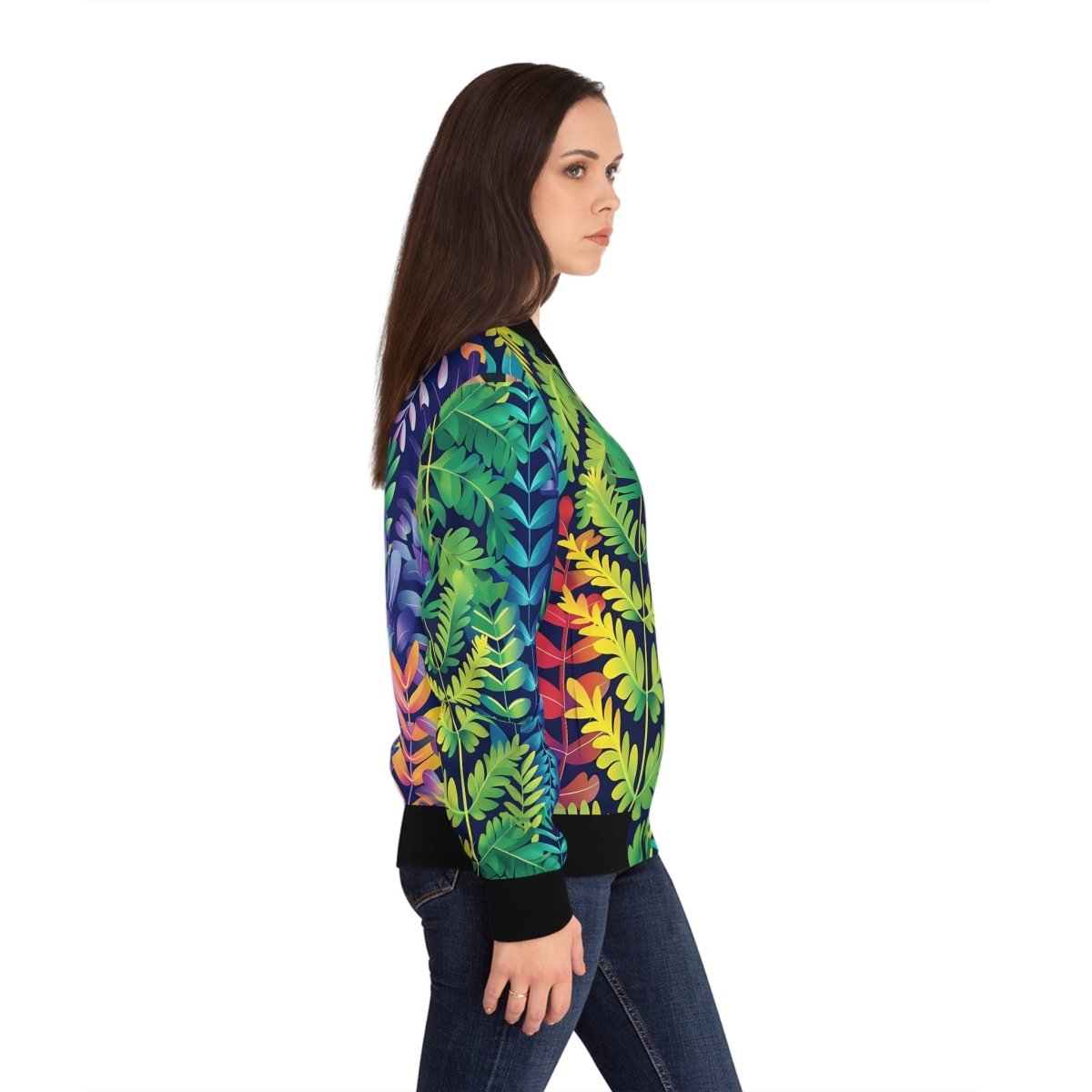 Multi Color Fern Design Women's Bomber Jacket - Earthbound Pacific